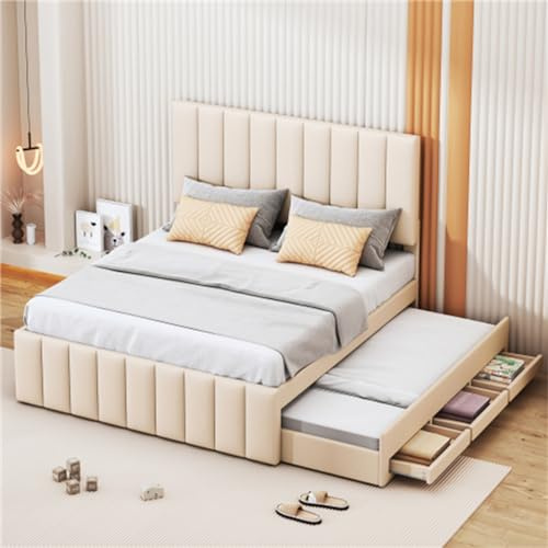 Tcewhhy Cama Tapizada con Cama Extraíble Y Cajones Cama Juvenil para Adultos Jóvenes Cama Infantil Cama Contenedor con Somier Cama De Invitados para Dormitorio Habitación De Invitados Beige 140x200cm