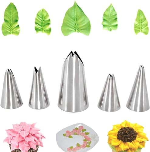 5Pcs Silver Leaf Piping Tips,Cake Piping Icing Nozzles Stainless Steel Russian Piping Tips Piping Nozzles Cake Decorating Tips Set, DIY Baking Supplies Cake Decorating Tools Icing and Piping