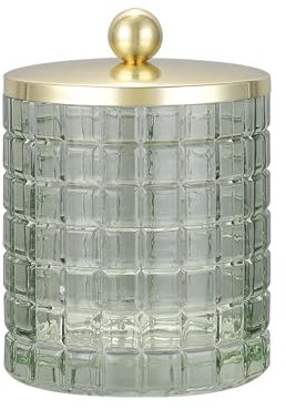Indecor Home Sage Colored Tranlucent Apothecary Etched Geometric Grid Glass Jar W/Gold Metal Lid Cover for Bathroom Organization, Cotton Balls, Q Tips, and Small Accessories, Bathroom Storage