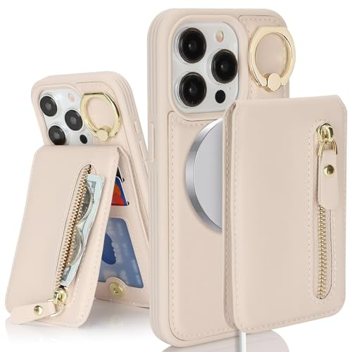SailorTech iPhone 15 Pro Case With Card Holder, Magsafe Ring Stand, Kickstand, Card Slots, Wallet, Detachable 2-in-1 Zipper Cover - Apricot