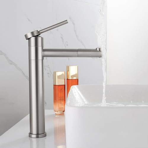Wasserhahn Bad für Waschbecken Wasserhahn Bad Waschtischarmatur Einhebelmischer 1 Loch Wasserhahn Aufsatzwaschtisch 360° Drehbar Wasserhahn Edelstahl Gebürstet Hoch Armatur für Waschbecken