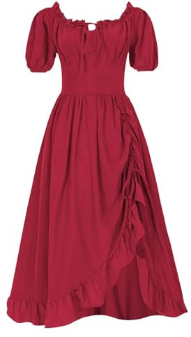 Damen Viktorianische Kleider Schulterfrei Bayerische Kleider Faschingsparty Elegant Square Neck Kleid mit Rüschen Elastiche Taille Retro Kleid Trachtenkleid Oktoberfest Kostüm