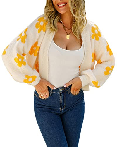 Theenkoln Veste en tricot pour femme à fleurs : Veste d'hiver décontractée en transition printemps veste en polaire automne cardigan cœur veste matelassée marguerite veste en peluche manches longues