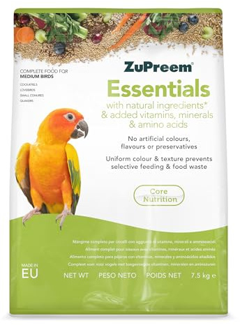 Zupreem Essentials mat för sällskapsfåglar – naturliga ingredienser – fågelfoder lämplig för kärleksfåglar, NINFA-kakaduor, argentinska korv och andra medelstora fåglar – 7,5 kg