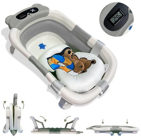 BAÑERA PLEGABLE BEBÉ 5 EN 1 Termómetro + Cojín Protector + Patas Antideslizantes + Tapón de Seguridad | Bebé Recién Nacido | Diseño Plegable en 2 | Fácil de Guardar y Transportar (Gris Oso)