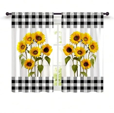 LXHZSY Tende Corte 2 Pezzi Tende da Cucina Decorative con Stampa a griglia Fresca e Moderna con Girasoli for Decorare camere da Letto, studi, Bar e soggiorni(W70xH100cm)