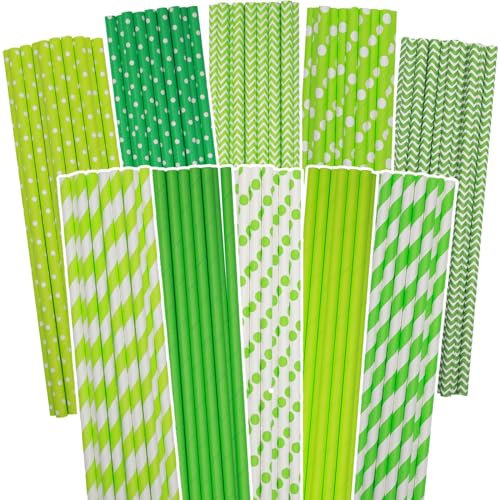 Gcardist Green Paper Straws for Drinking Green Disposable Straws 100pcs Bulk（10 Pattern）