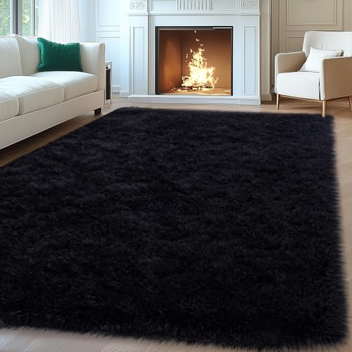 Mugorn 8x10 Area Rugs for Living Room, Large Fluffy Black Rugs for Bedroom, Soft Carpet Shag Kids Room Rug, Non-Slip Fuzzy Rugs Indoor (8ft x 10ft, Black)