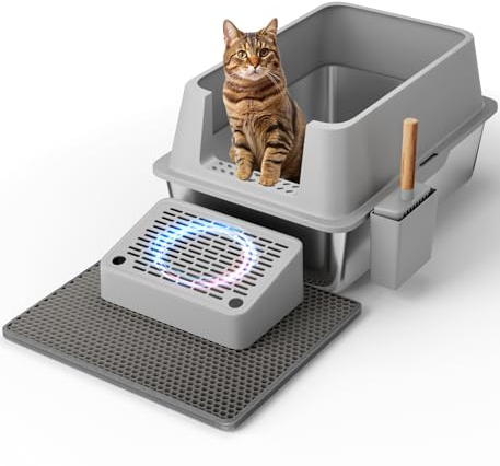 The Fellie Edelstahl Katzenklo, Katzenklo XXL für Katzen, Katzentoilette Edelstahl mit Schaufel, Pedals, Matte, Auslaufsicher, Leicht zu Reinigen, Nicht klebend Katzenklo, Metal Cat Litter Box, Grau