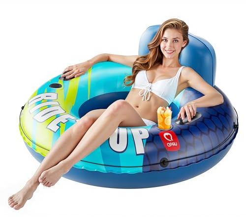 QPAU Tubo inflable de río, flotador de río resistente a pinchazos de 0.4 mm de grosor, balsa de río con respaldo ergonómico, parte inferior de malla y 2 portavasos para familiares, amigos, flotador de
