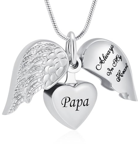 VCCWYQK Collar con colgante de urna en forma de corazón y ala de ángel para cenizas para mujer y hombre, 1.9 cm x 2.2 cm, Acero inoxidable, No es una piedra preciosa