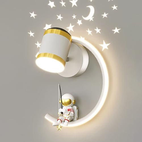 Jadssox Astronaut Wandleuchte Kinder Wandleuchte LED-Wandleuchte mit Mondsternprojektion, Cartoon Festverdrahtete Wandleuchter Kinderzimmer Wandleuchten für Jungen Mädchen Schlafzimmer Kinderzimmer