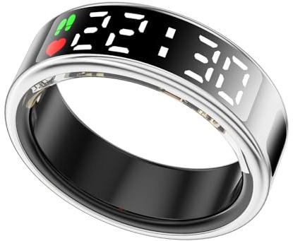 LONGLU Bague Intelligente pour Femmes Hommes avec Écran LED, Bague De Fitness avec Fréquence Cardiaque/Sommeil/Sport/Classe 5ATM Étanche, Tracker De Santé pour iPhone & Android (Argenté, 10)