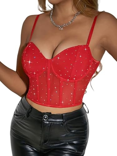 Sukiglam Camiseta Sin Mangas Mujer Encaje Corset Verano Crop Tops Lentejuelas Brillantes Corsé Bustier Sexy Ajustado Lencero Glitter Corset Tops Camisetas Tirantes De Fiesta Rave Outfit