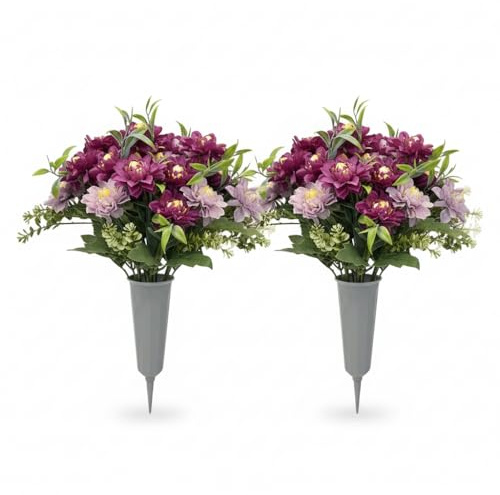 Cemetery Flowers for Grave Vase, 2 Pack UV Resistant Fake Flowers for Outdoor - Purple & Pink Silk Peony Memorial Day Flowers, 19 Inch Mausoleum Flowers, Mother's Day & Memorial Day Grave Decorations