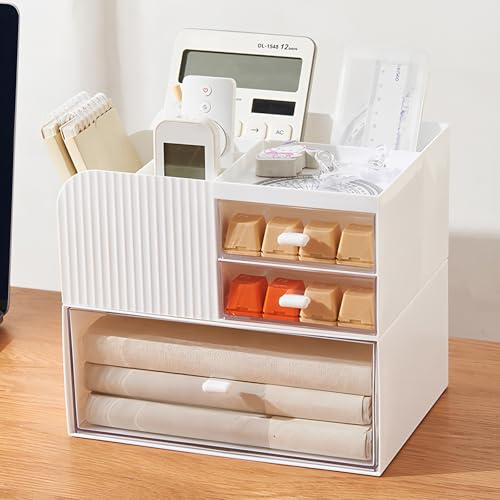 Luabue Stackable Desk Organiser with 3 Drawers White Desk Tidy Organiser, Large Capacity Makeup Organizer Desktop Organizer w/Pen Holder, Stationery Storage Box for Office Cosmetics Desk Supplies