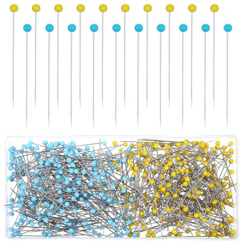 500 st glashuvud synålar 4,4 cm raka nålar med färgade huvuden quiltningsstift för tyg lång rostfritt stål klädmakare synålar med huvuden för hantverk smyckestillverkning gör-det-själv blå/gul