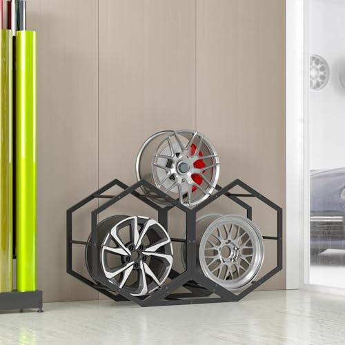 Expositor de Llantas de Coche Negro, Resistente, Organizador de Almacenamiento de Llantas, Estante Hexagonal de Acero para Garaje, Soporte para exhibición de Llantas en Sala de exposición (2+1)