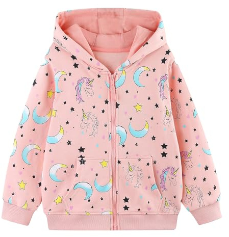 Hoseay Sweat à Capuche Fille, Zippé Sweat-Shirt Coton Manteau à Manches Longues, Licorne Vestes avec Poches, Confortable Pull de Sport Automne Hiver Hoodies pour Enfants 7-8 Ans, Rose