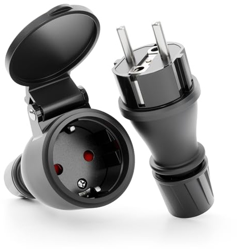 greate Lot de 1 prise mâle + 1 prise femelle Schuko étanche IP54 - Avec protection anti-torsion et anti-traction - Prises femelles 230 V, 2 pôles, 16 A et 3,7 kW