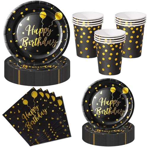 Nkaiso 50 Stück Schwarzesgold Pappteller Geburtstag Set | Partygeschirr Kindergeburtstag Set - mit Einweg Pappteller, Servietten & Becher - für Party Geburtstag Mädchen Deko
