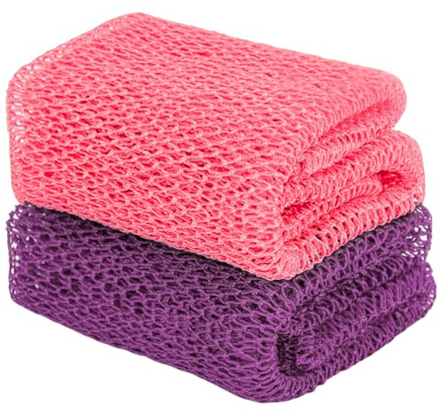 Lot de 2 éponges de douche africaines, brosse dorsale exfoliante et accessoires de bain (Rose et Violet)