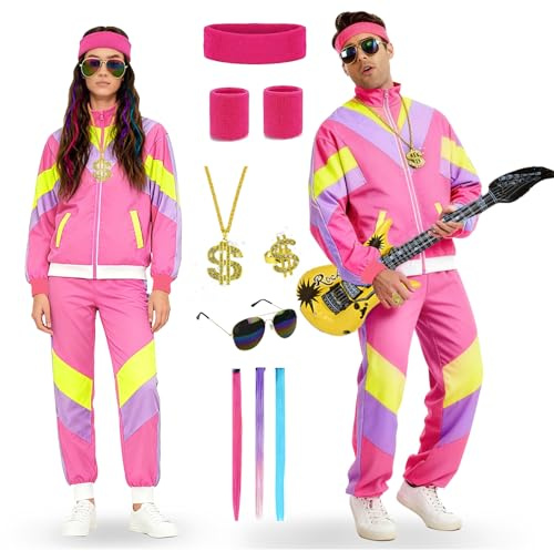 PATEMZON 90er 80er Jahre Outfit, 80er Jahre Outfit Herren Damen Mottoparty, Trainingsanzug Jacke Hose Anzug mit Accessoire, 80er Schlagerparty Bad Taste, Vintage Rocker Outfit Paare Karneval
