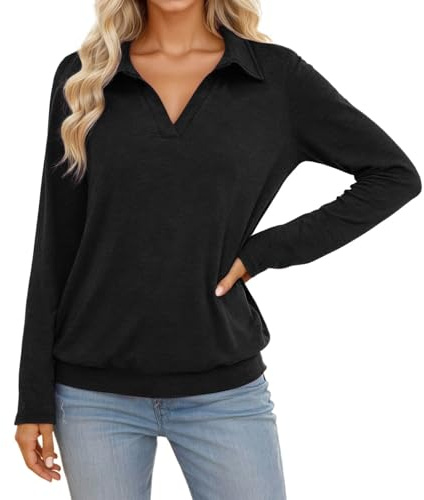 Jersey para mujer, monocolor, cuello de pico, parte superior, manga larga, suave, cómoda, elástica, tiempo libre, manga larga, informal, jersey transpirable, para otoño e invierno