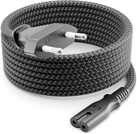 deleyCON 10m Cable de Alimentación Eléctrico Enchufe Euro Tipo C a C7 (Nylon) Conector Plano 2,5A para Toma C8 TV Soundbar PS4 PS5 Adaptadores Pequeños Electrodomésticos etc. - Gris