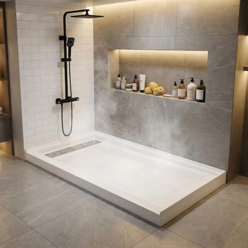60 x 32 Shower Base – Non-Slip SMC Shower Pan with Left Drain & 304 Stainless Steel Cover, White Shower Tray Kit for Bathroom Floor