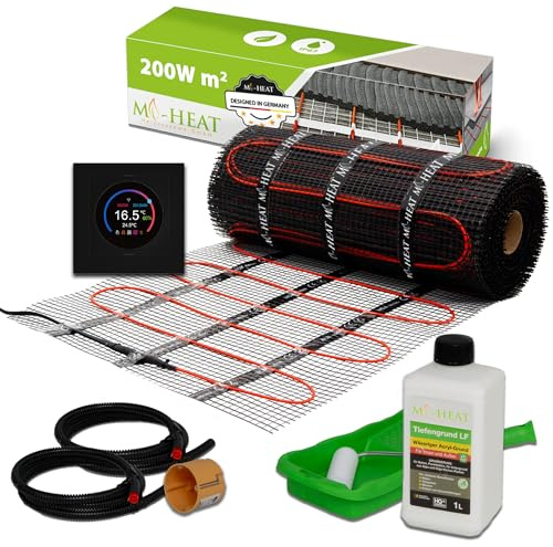 Mi-Heat Elektrische Fußbodenheizung 200W/m² 6,0m² Set - Heizmatte Bad Badezimmer Sanierung – für Fliesen unter Fliesenkleber Elektrische Heizung - mit Thermostat TH11 WiFi schwarz