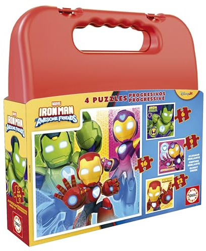 Educa - Iron Man and His Awesome Friends | Set of 4 puzzles for children from 6 to 12 pieces presented in a great suitcase | Recommended to start 3 4 5 years (20344)