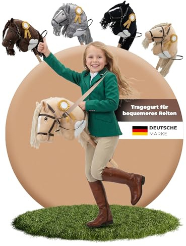 Zauberhuf Hobby Horse Steckenpferd – Handgefertigtes Stockpferd für Kinder 4–12 Jahre - Realistisches Hobby Horsing Pferd mit verstellbarem Gurt & Turnierschleife (Beige & Weiß)