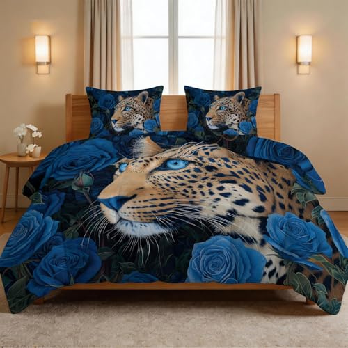 Couverture Réversible 240 x 260 cm Fantaisie Floral, Couverture 4 Saisons Hypoallergénique, Respirante et Super Douce, Léopard Rose Bleue Feuillage - Édredon Matelassé avec 2 Taies d'oreiller