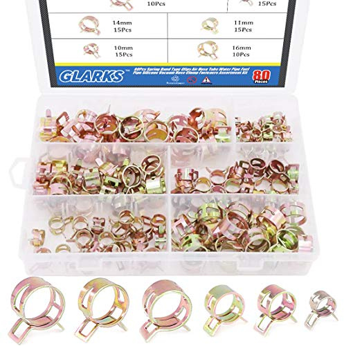 Glarks 80Pcs Spring Band Type Clips Air Hose Tube Water Pipe Fuel Pipe Silicone Vacuum Hose Clamp Fasteners Assortment Kit (7mm 10mm 11mm 14mm 16mm 17mm)