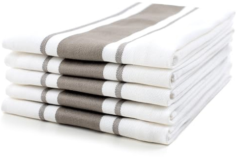Sticky Toffee 100% Cotton Tea Towel - Cappuccino Grey Stripe Pattern, Pack of 5 | Kitchen Towel Set | Absorbent, Strong, Quick Dry & Machine Washable | Home & Bathroom Accessories
