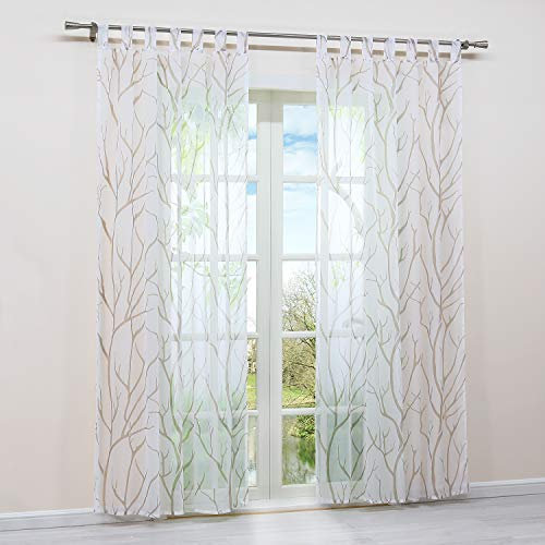 HongYa 1 Stück Schlaufenschal Transparente Gardine Schal Voile Vorhang mit Schlaufen Äste Muster H/B 245/140 cm Weiß Sand