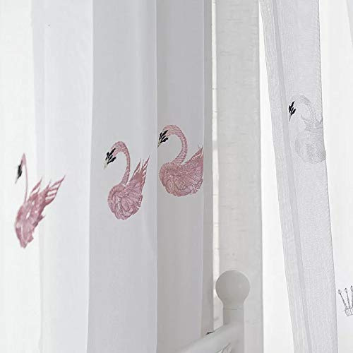 Lsimeru Kinder Vorhang Mädchenzimmer Transparent Rosa Schwan Krone Muster Kräuselband 140x245 Lang 2er Set Voile Vorhänge Gardinenschals Lichtdurchlässige Schals Dekoschal