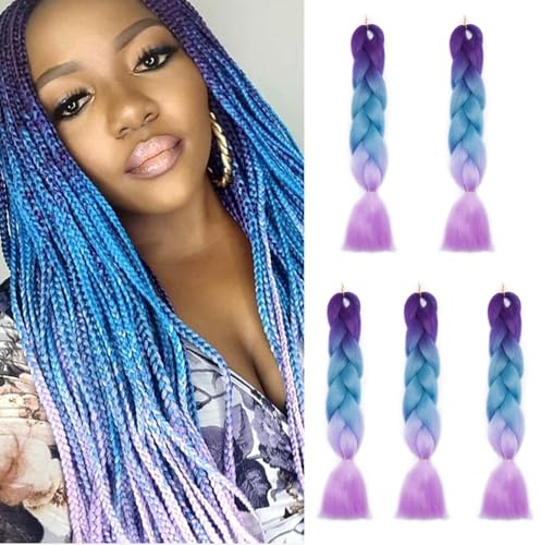 Silk-co 60cm 5 sets Extension per Treccine Africane Capelli Finti Braiding Hair Extension Capelli per Treccia Colorata–Viola Scuro/Cielo Blu/Viola Chiarissimo