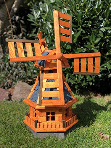 DARLUX dekorative handgefertigte Garten Windmühle aus Holz kugelgelagert I imprägniert in Braun I wetterfest I Windrad hinten am Kopf I Größen (Blau L)