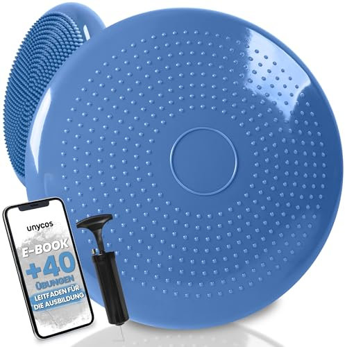 unycos - Ballsitzkissen inkl. Pumpe【Ø34 cm | Trägt 150 kg】Orthopädisches Sitzkissen Anti-Burst, Noppenkissen, Balance Pad, Luftkissen für Bürostuhl, Fitness, Reha/Koordinations (Blau; Basic)