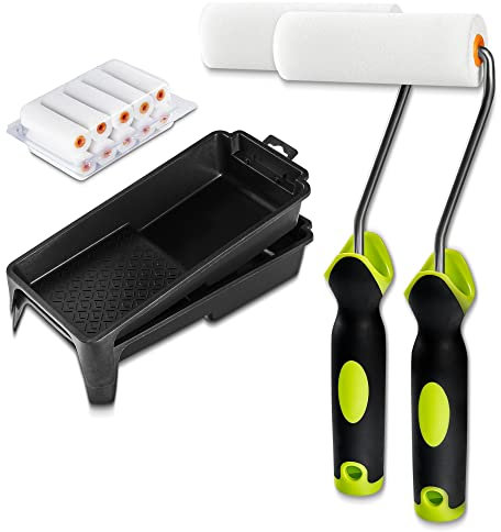 Premium Lackierwalze Set inkl. Ersatz Farbwalzen und Farbwanne, Perfekter Farbroller für Lacke Aller Art, Dank hochwertiger Schaumstoffrolle (2 Farbroller + 10 Schaumstoffrollen + 2 Farbwannen)