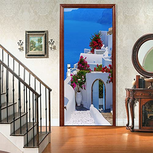 A.Monamour Türtapete Selbstklebend Türfolie Türposter 3D Santorini Insel Landschaft In Griechenland Vinyl Folie Türdeko Tapete Wandbild Türaufkleber Türtattoo 90 x 200 cm