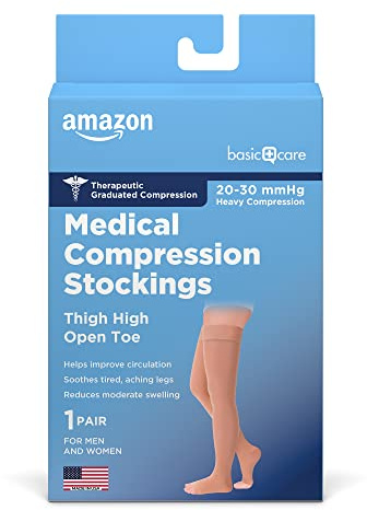 Amazon Basic Care Medical Compression Stockings for Circulation, Varicose Veins, Edema, Swelling, 20-30 mmHg Support, Women & Men Thigh Length Hose, Open Toe, Beige, Small (Previously NuVein)