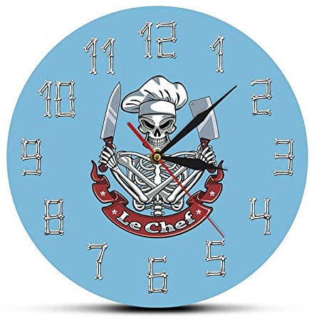 XUSANSHI 12 Inchs Printed acrylic wall clock Skull Cook Modern Wall Clock Watch Skeleton with Chef Hat Knife Cleaver French Restaurant Kitchen Decor Funny Chef Gift