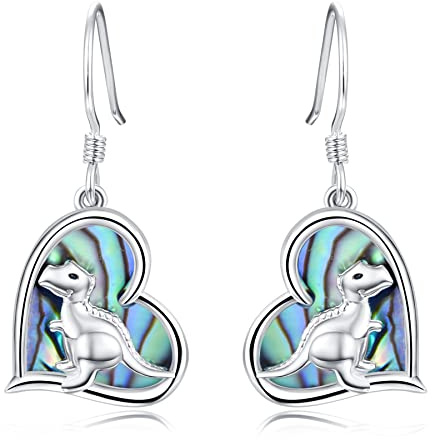 TANGPOET Dinosaurier Ohrringe 925 Sterling Silber Ohrringe für Frauen Hypoallergen Tier Dino Ohrstecker Herz Baumeln Haken Abalone Dinosaurier Geschenke für Sie