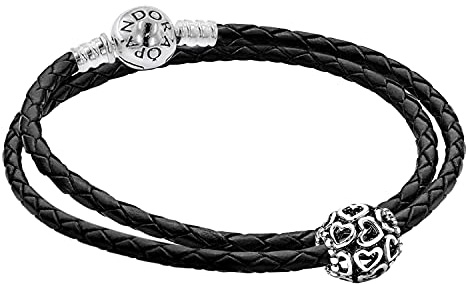 PANDORA Damen Leder-Armband Starterset mit Charm Offene Herzen 51521 | als Zeichen der Liebe Schwarz / Silber