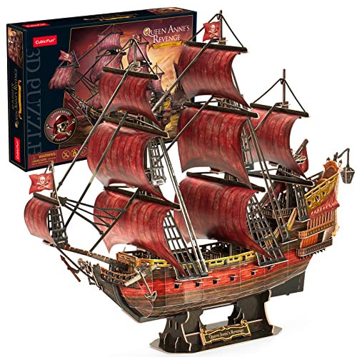 CubicFun 3D Puzzles for Adults Kids, Red Queen Anne's Revenge 391 Pcs, Home Decor Cool Pirate Ship Arts & Crafts for Adults Puzzle Model Kits, Valentines Day Gifts for Women Men