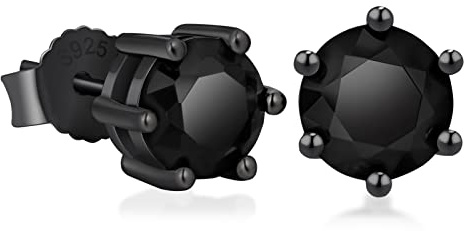 KRKC&CO S925 Silber Ohrringe Schwarz, 925 Silber Iced Out Ohrsteckers Schwarz Rund Stein 6mm, allergiefreie Schwarzgold beschichtete schwarze Ohrringe, Hip Hop Ohrsteckers für Männer Jungs