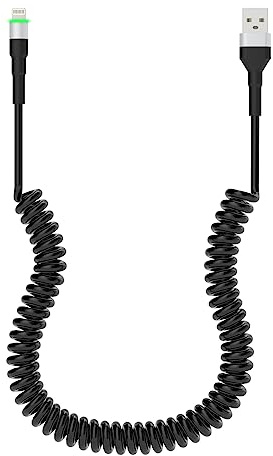Gewickeltes iPhone Lightning-Kabel für Apple Carplay, MFi-zertifiziertes gewickeltes USB-auf-Lightning-Kabel, aufrollbares iPhone-Ladekabel für das Auto, kurzes iPhone-Ladekabel mit LED